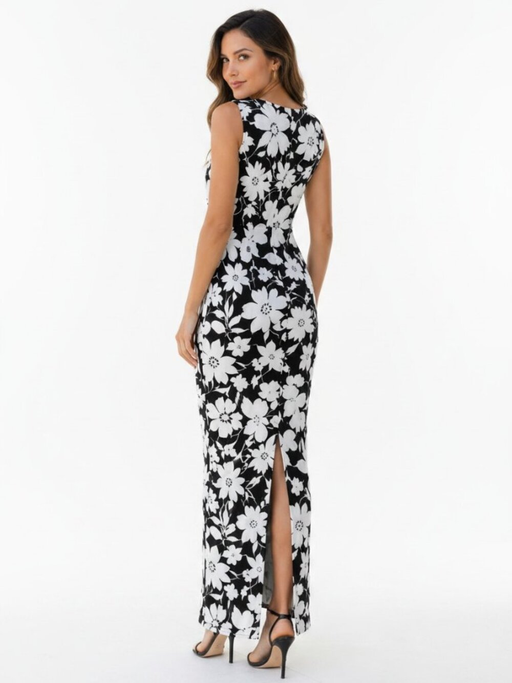 CHAPS Black White Floral Maxi Dress Size 10 Stretch Formal Wedding Guest - Picture 2 of 15